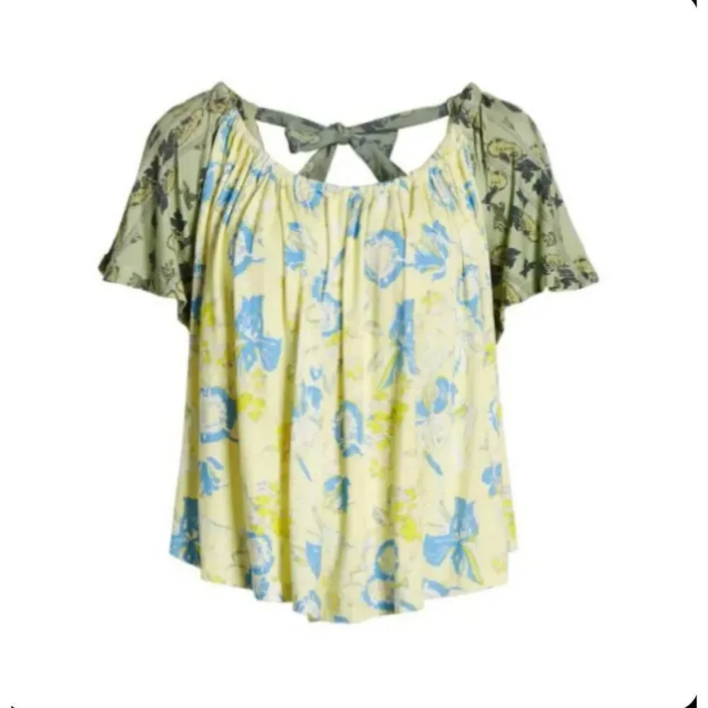 Free People Baja Babe Tie Back Cold Shoulder Top Yellow and Green size‎ Small
